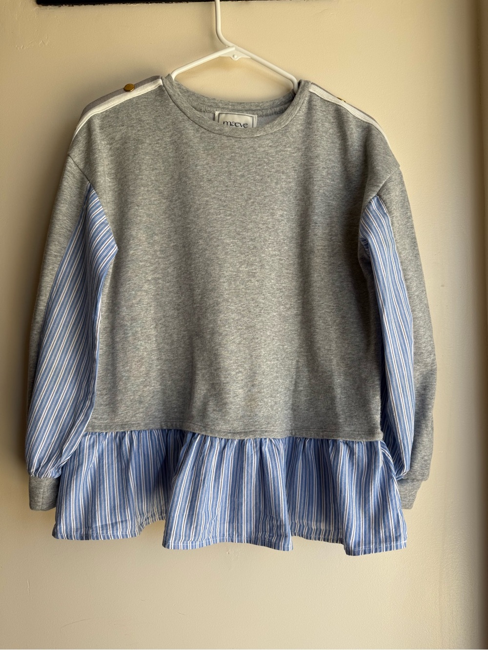 Maeve by Anthropologie Striped Trim Twofer Sweatshirt XXS Grey Blue White